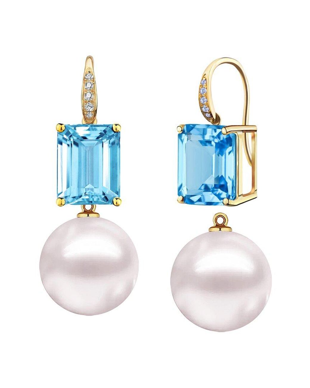 Kai Fine Jewelry Blue 14K 7.65 Ct. Tw. Diamond & Topaz & 12-13Mm Pearl Drop Earrings