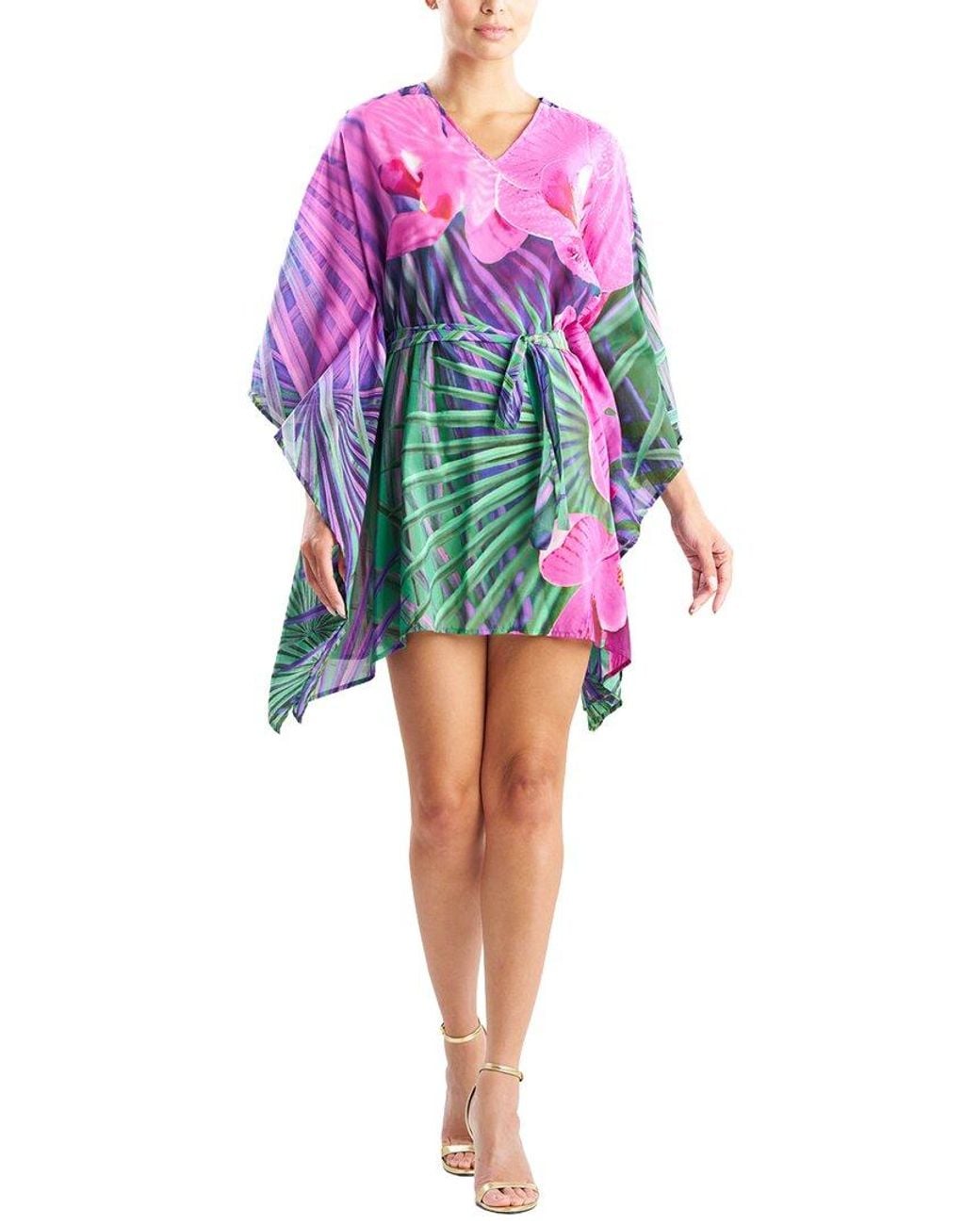 Natori Red Orchid Silk-Blend Voile Short Caftan