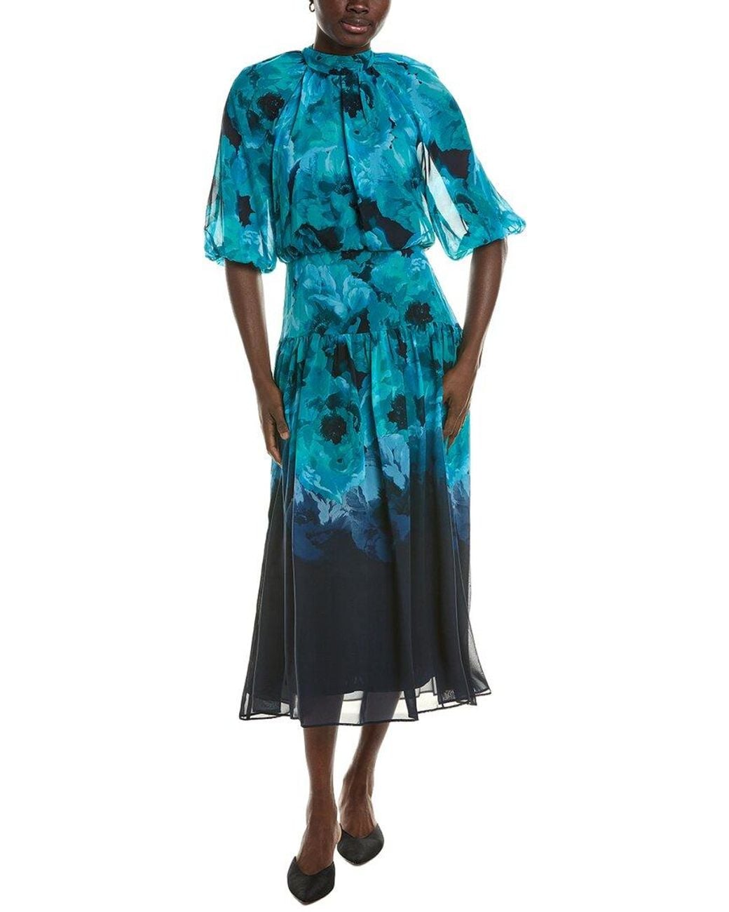 Maison Tara Blue Long Sleeve Midi Dress
