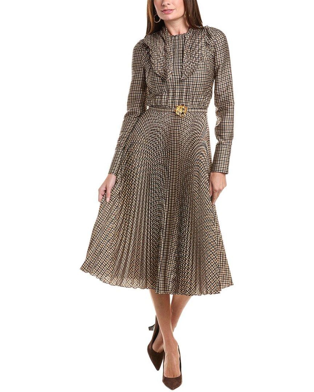 Oscar de la Renta Brown Tie-Neck Pied De Poule Silk-Lined Midi Dress