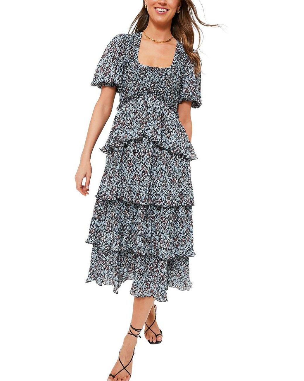 Ganni Blue Phantom Pleated Georgette Layer Smock Midi Dress