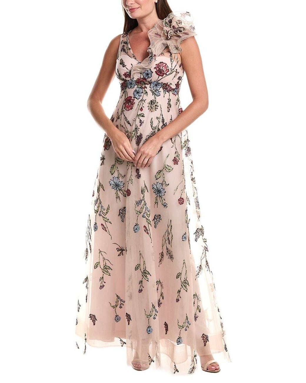 Teri Jon Pink Embroidered Tulle Self Flower Gown