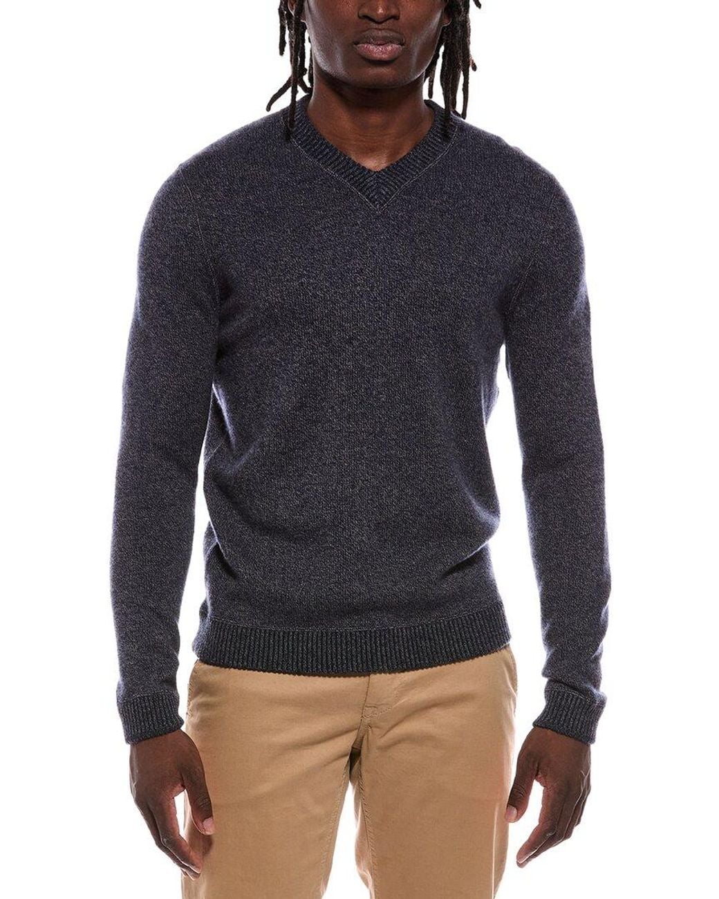 Autumn Cashmere Blue Reversible Coverstitch 100% Cashmere V-Neck Sweater for men