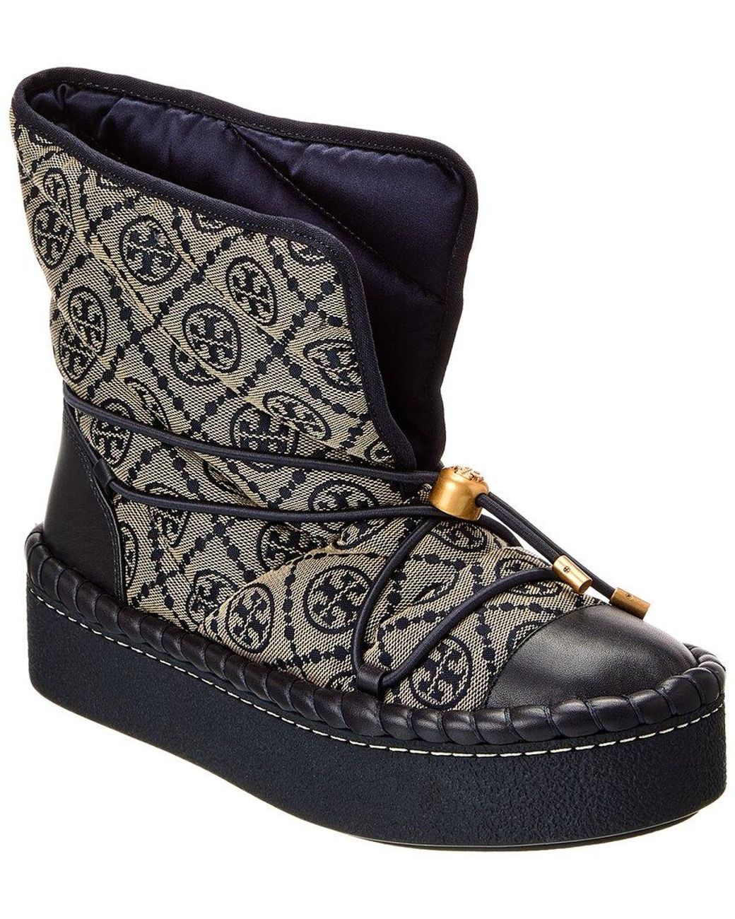 Tory Burch T Monogram Canvas & Leather Sleeping Bag Boot in Black 