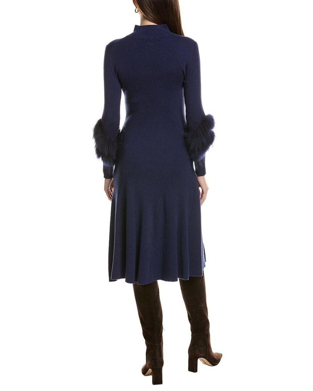 tyler boe Blue Celia Knit Fur Trim Dress