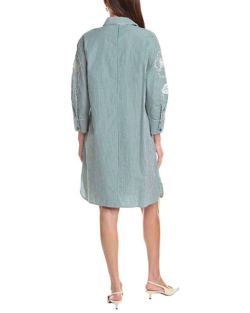 Teri Jon Blue Stripe Embroidered Tunic Shirtdress