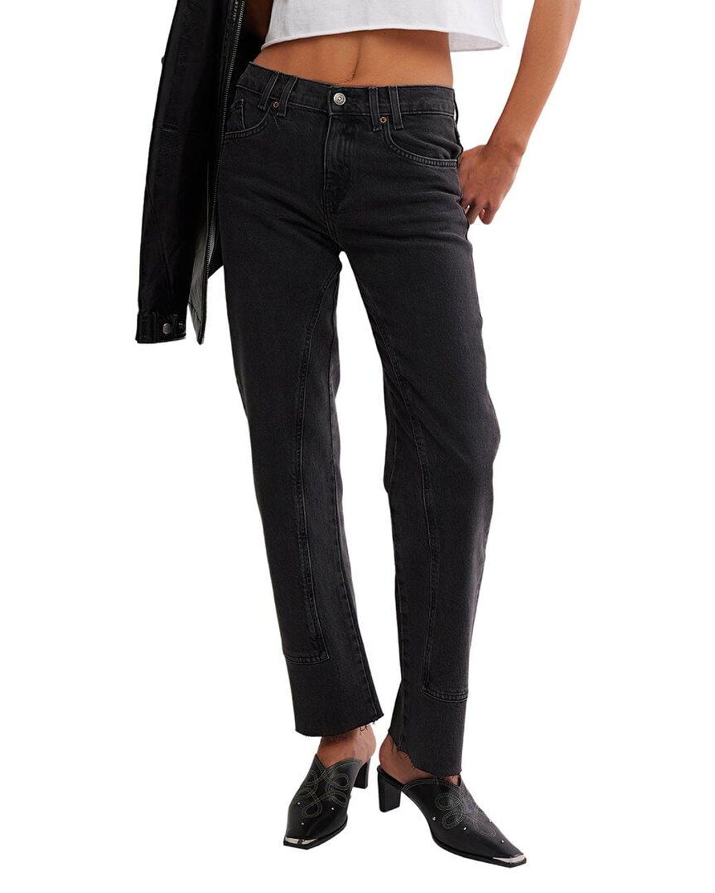 Free People Black Risk Taker Mid-Rise Straight Leg Jean