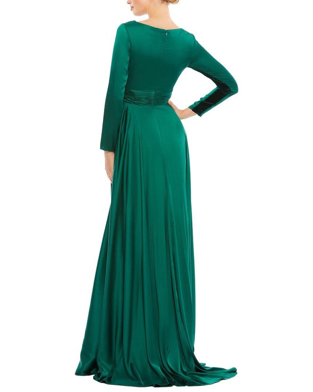 Mac Duggal Green Long Sleeve Ruched Waist A-Line Gown
