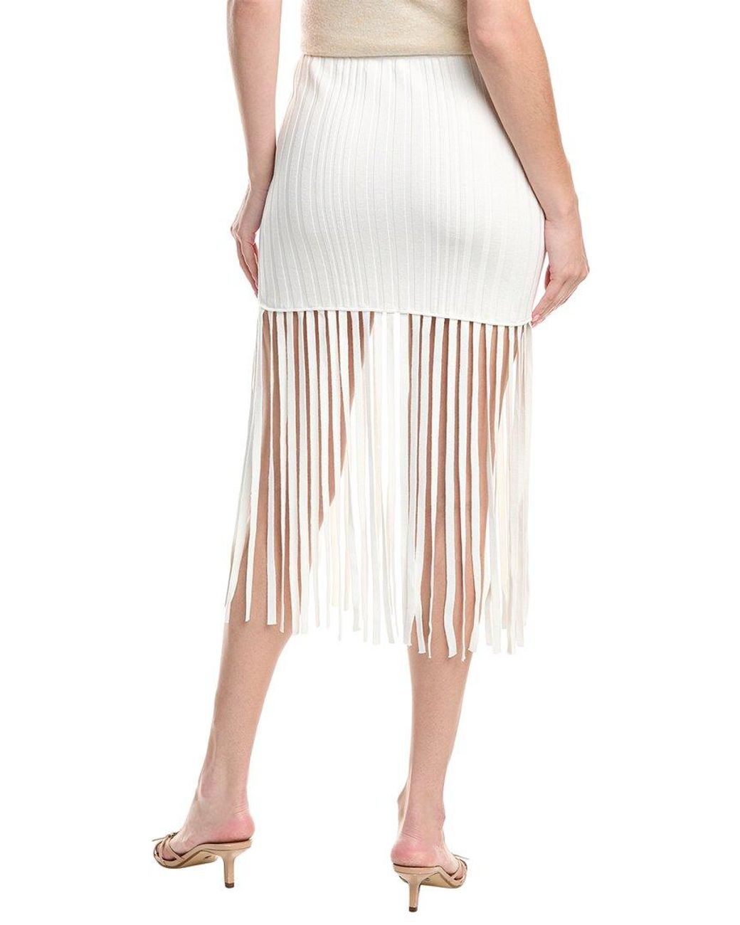 MILLY White Rib Fringe Midi Skirt
