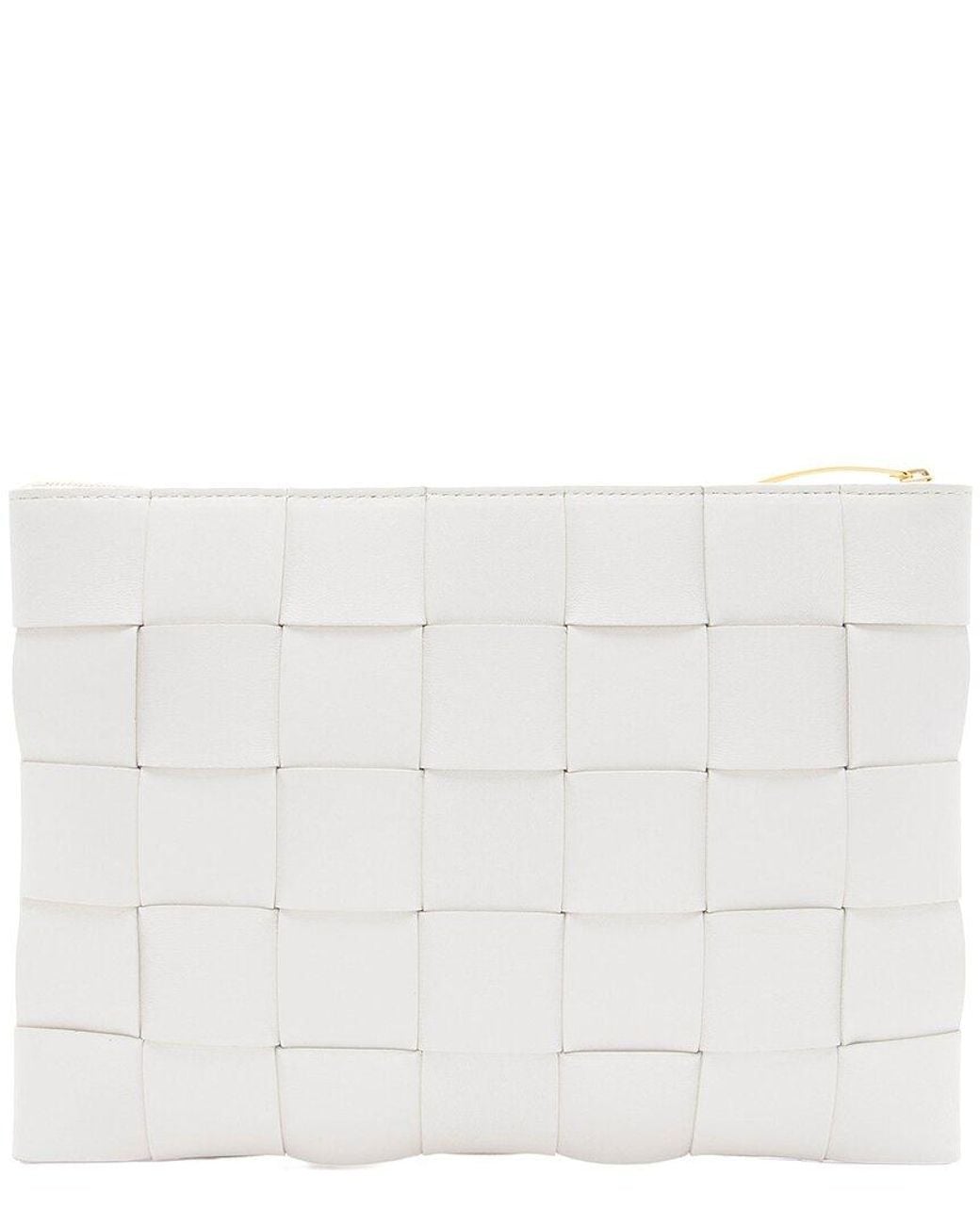 Bottega Veneta White Intrecciato Leather Cassette Medium Flat Zip Pouch (authentic Pre-loved)