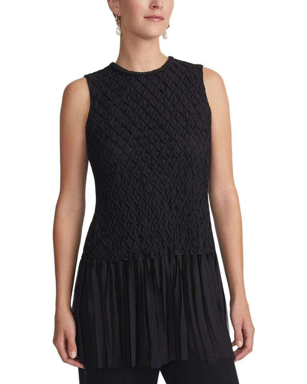 Lafayette 148 New York Black Hand-Smocked Lattice Fringe Silk Blouse