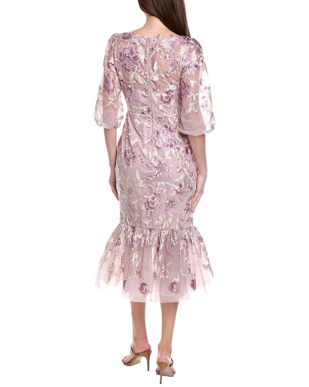 Marchesa Pink Puff Sleeve Midi Dress