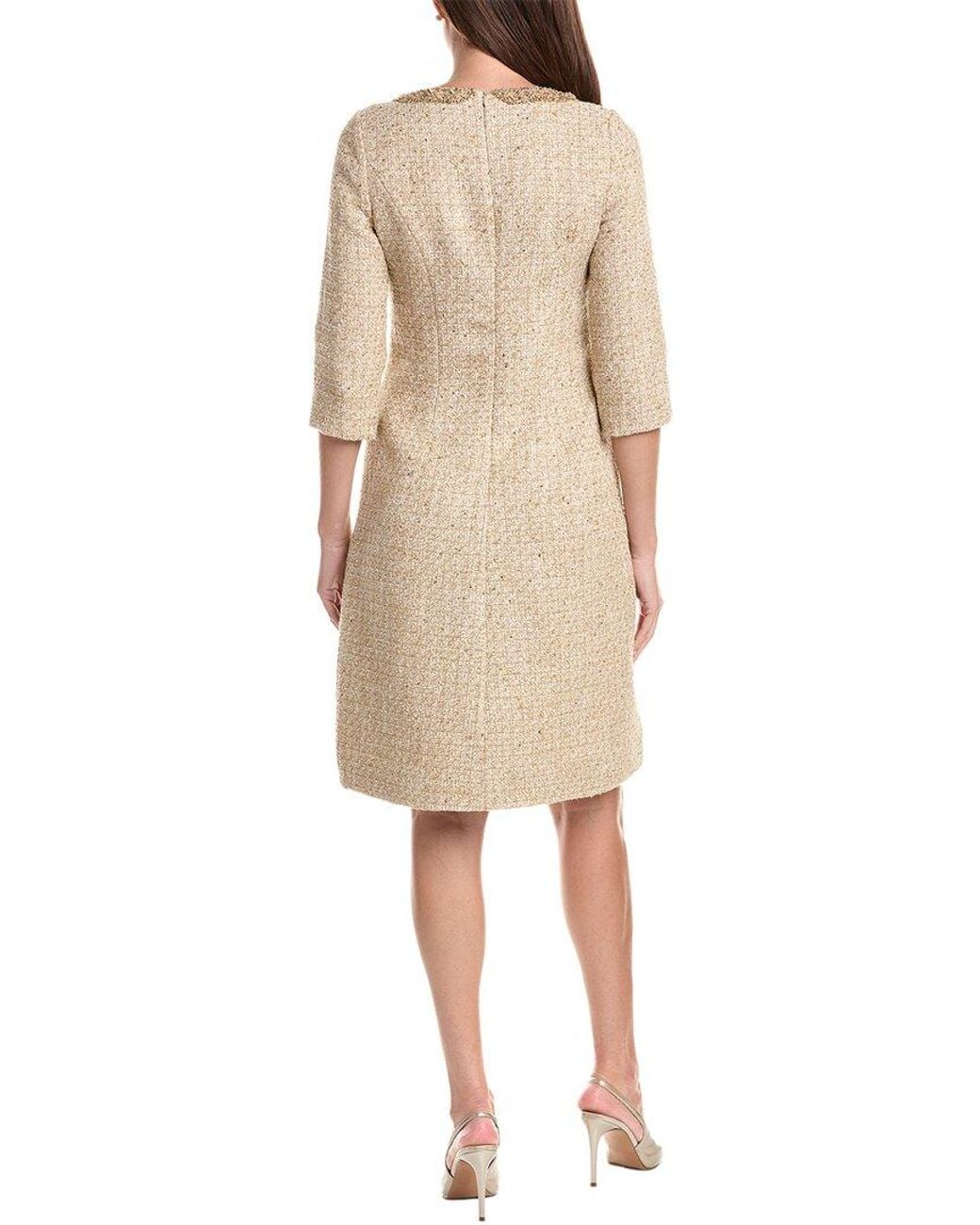 Teri Jon Natural Metallic Boucle Elbow Sleeve Jewel Trim Dress