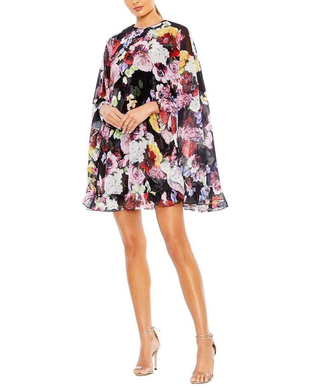 Mac Duggal Red Floral Print High Neck Ruffle Hem Cape Mini Dress