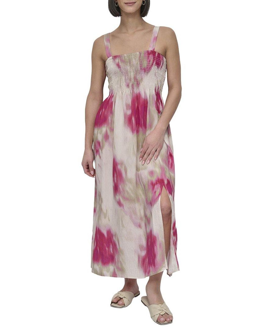 DKNY Pink Printed Rumple Midi Dress