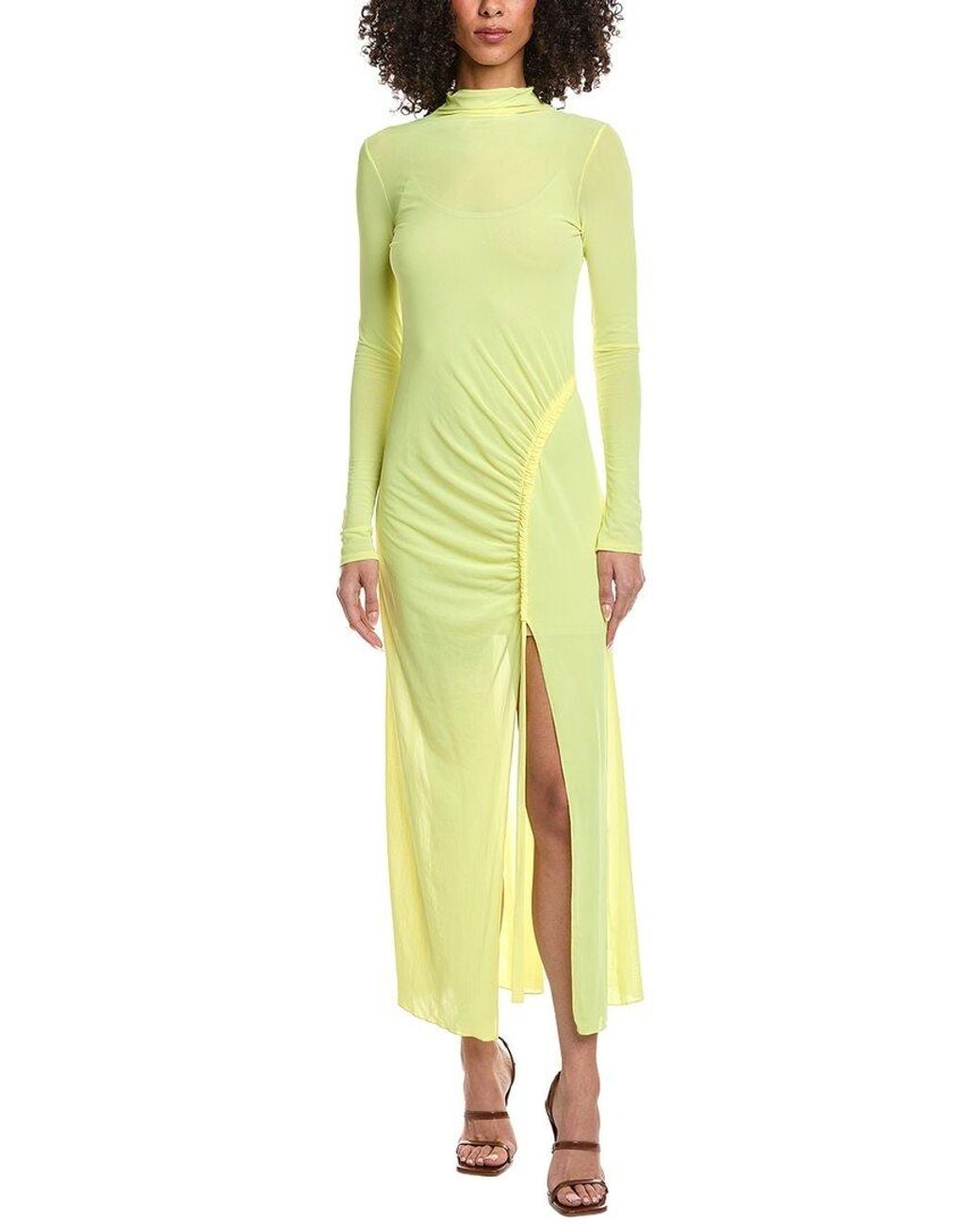 LAPOINTE Yellow Mesh Fitted Bias Tab Slit Dress
