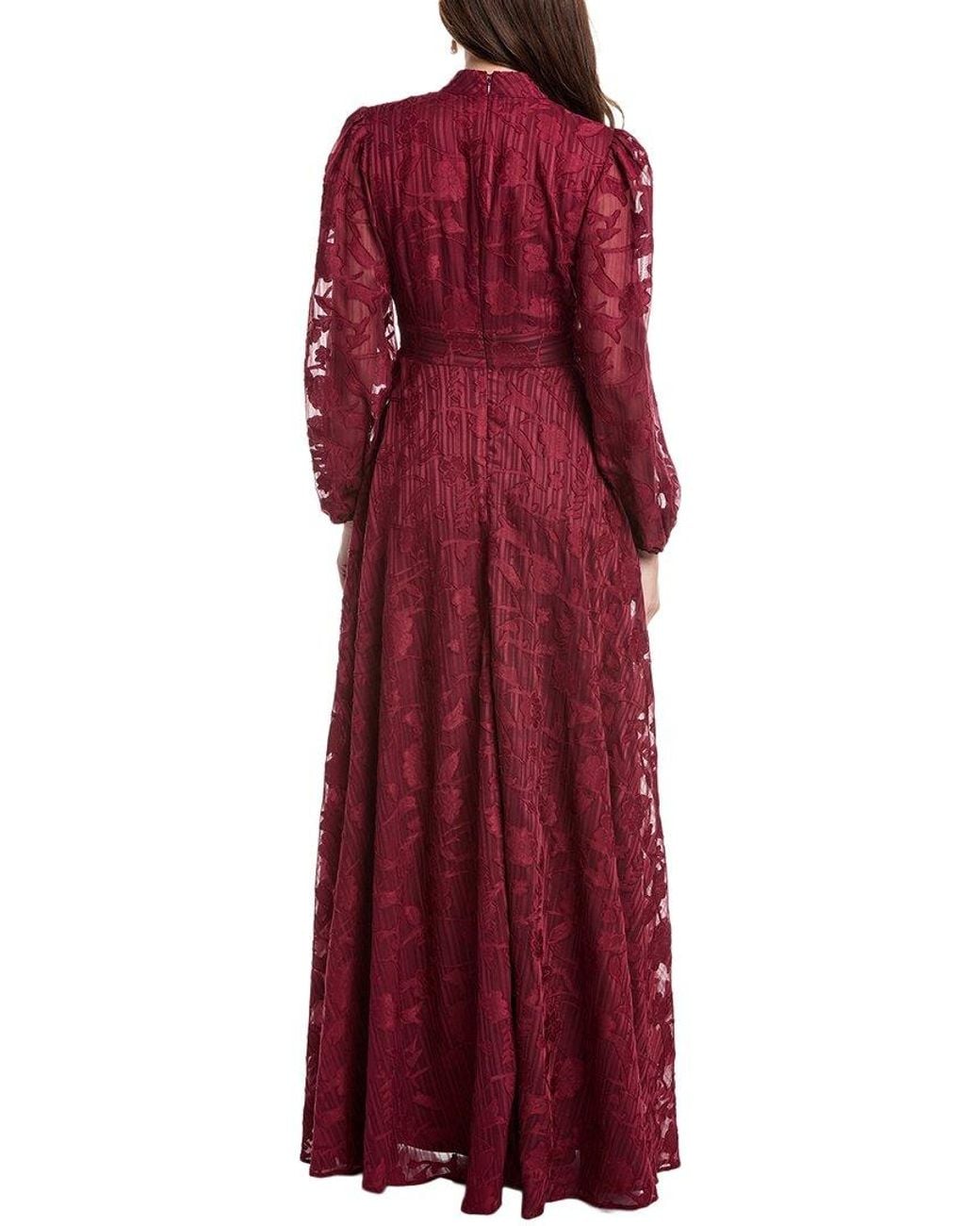 Rene Ruiz Red High-Neck Bishop Sleeve Cinch Waist Gown