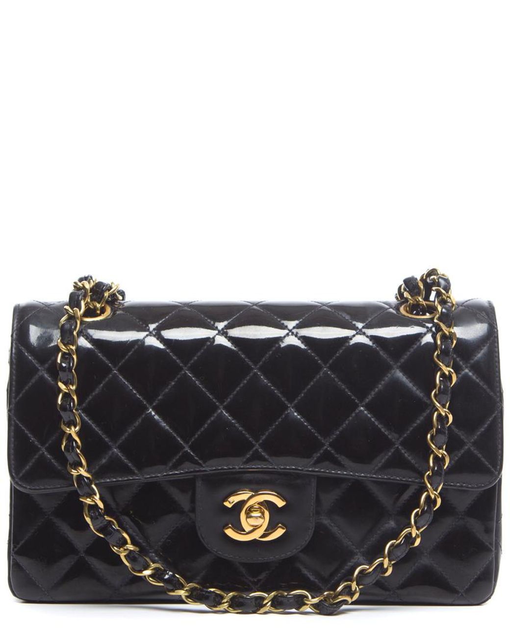 Chanel Black Quilted Patent Leather Small Double Flap Bag