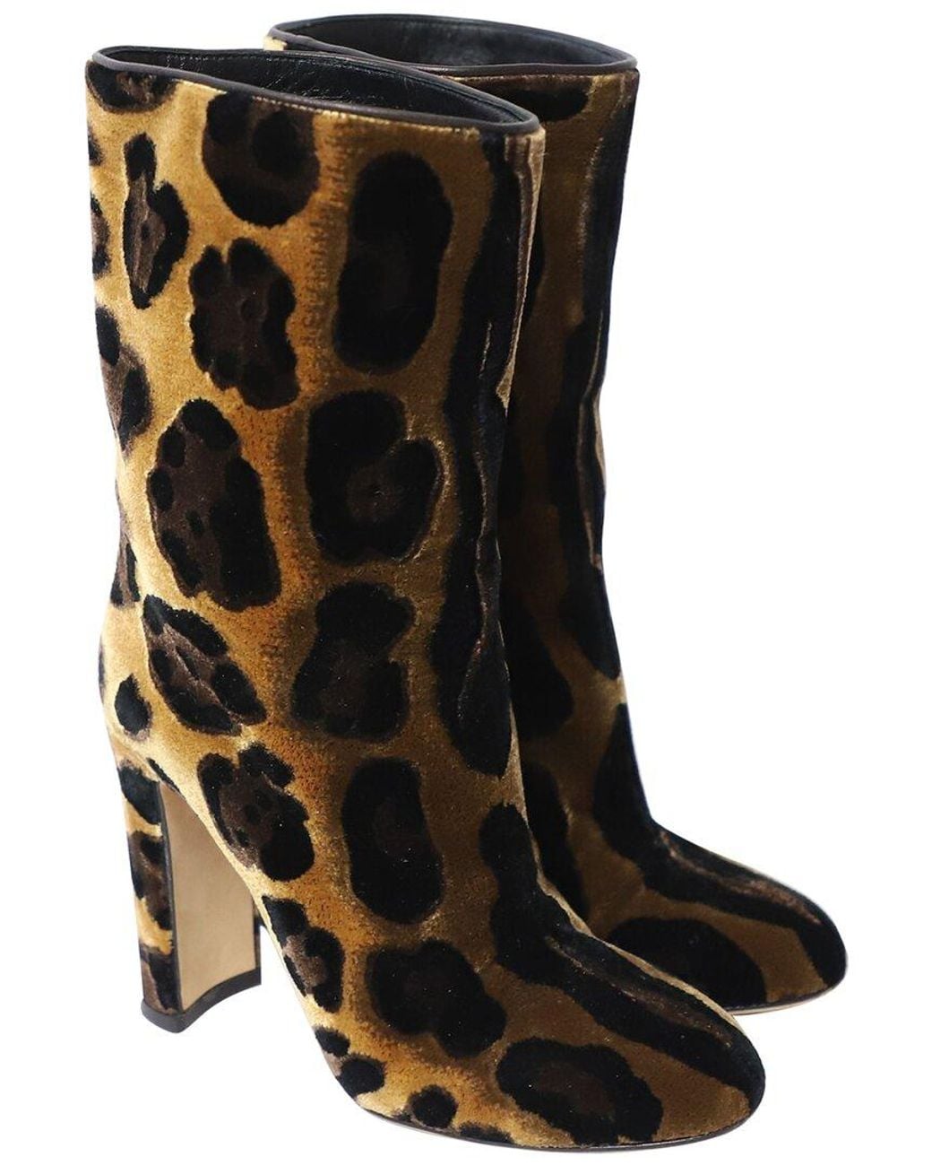 Dolce & Gabbana Black Velvet Leopard Print Calf Boots Velvet (Authentic Pre-Loved)
