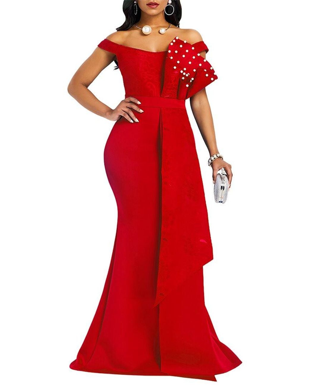 Vincent Red Off The Shoulder Solid Maxi Dress