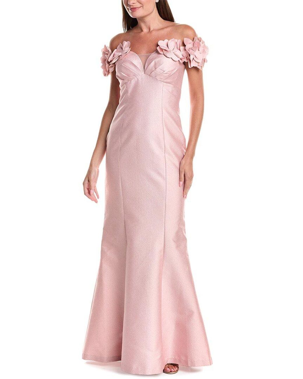 Teri Jon Pink Jacquard Flower Petal Puff Shoulder Gown