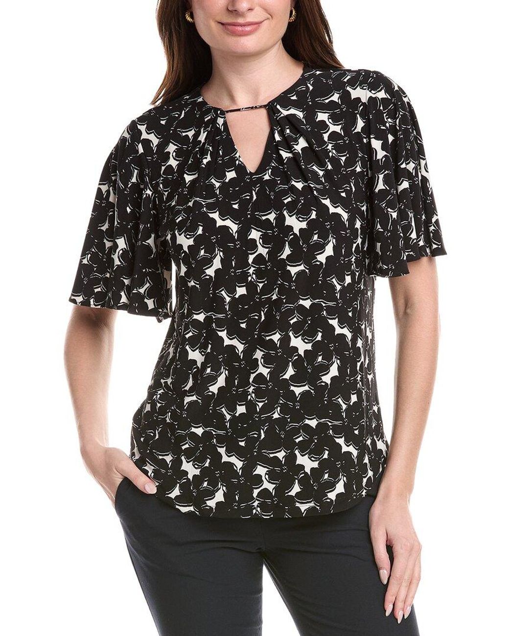 Anne Klein Black Pleat Neck Bell Sleeve Top