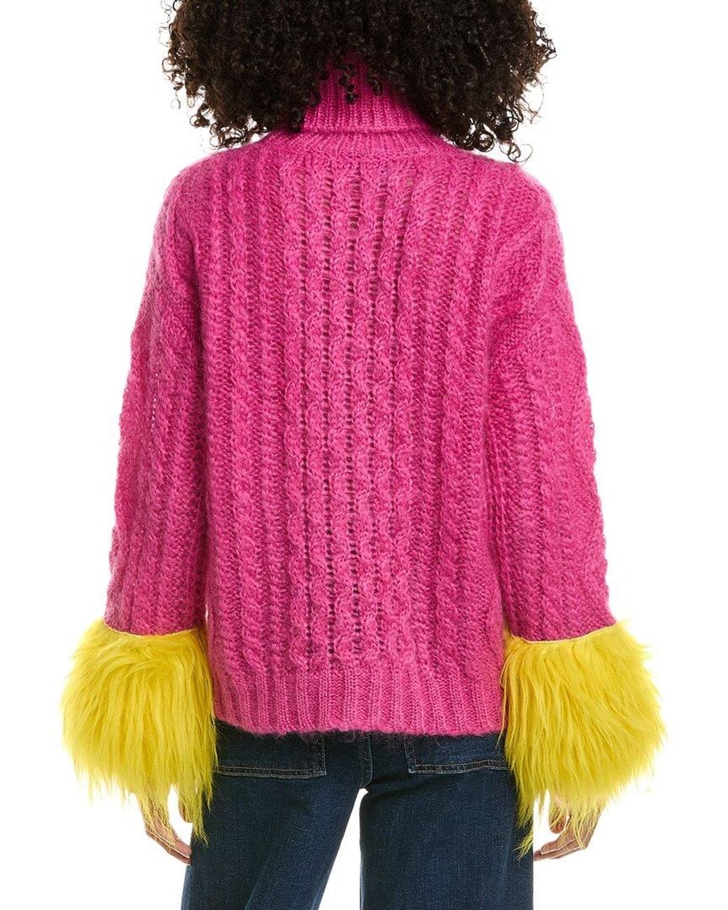 Prada Pink Shearling Trimmed Cable Knit Mohair & Wool-Blend Sweater
