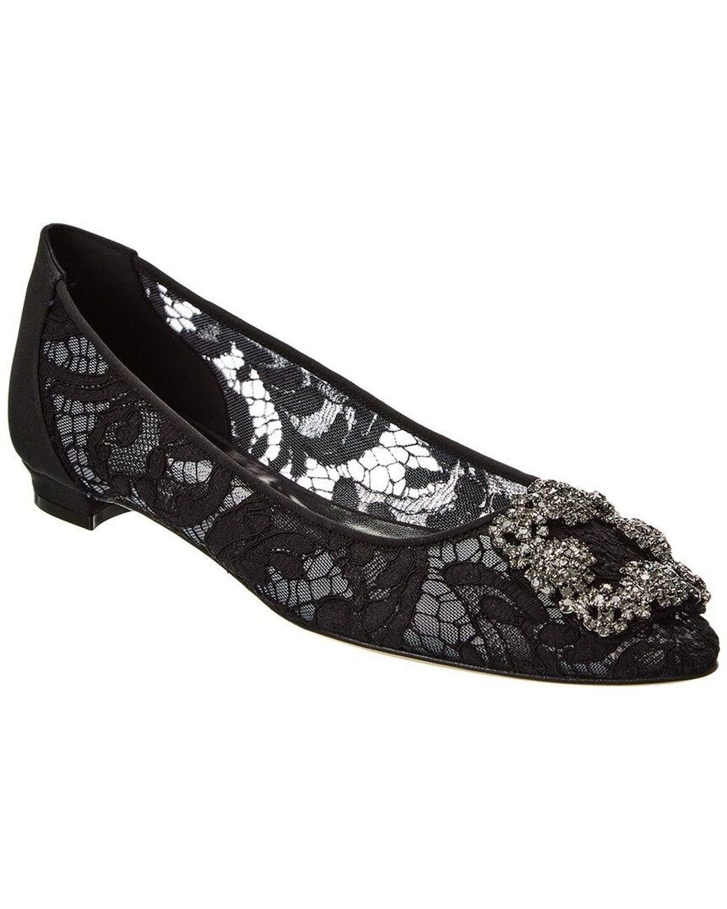 Manolo Blahnik Hangisi Lace Satin Flat in Black Lyst