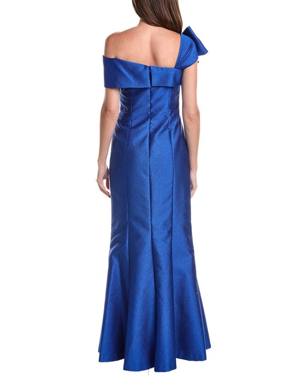 Teri Jon Blue Metallic Jacquard Asymmetrical Neck Bow Shoulder Gown