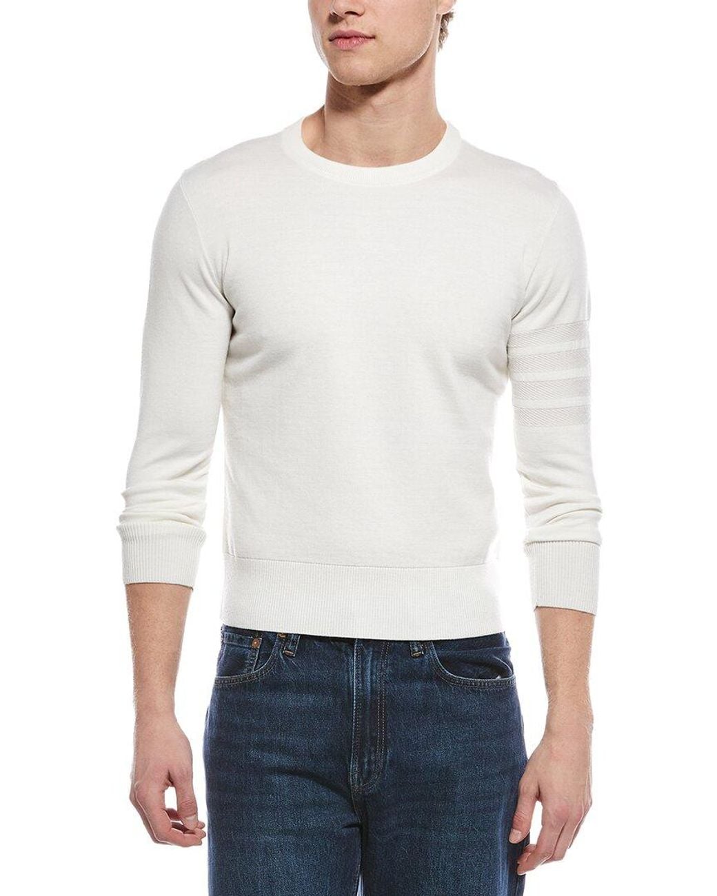 Thom Browne White Merino 4 Bar Wool & Linen-Blend Crewneck Sweater for men