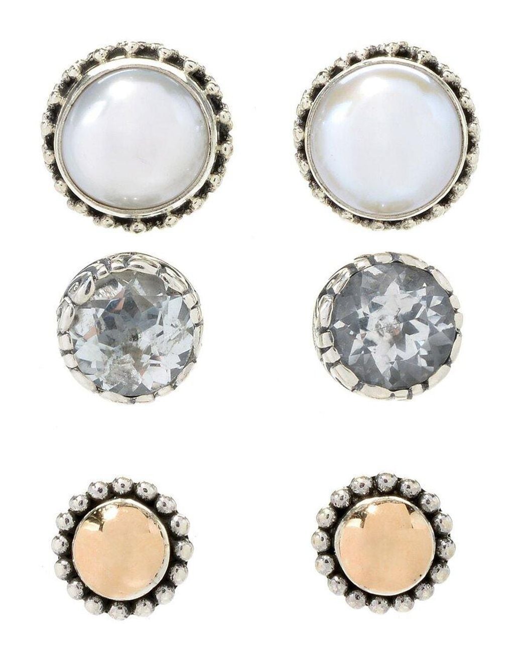 Samuel B. Metallic 18k & Silver 1.20 Ct. Tw. White Topaz 7mm Pearl Set Of 3 Earrings