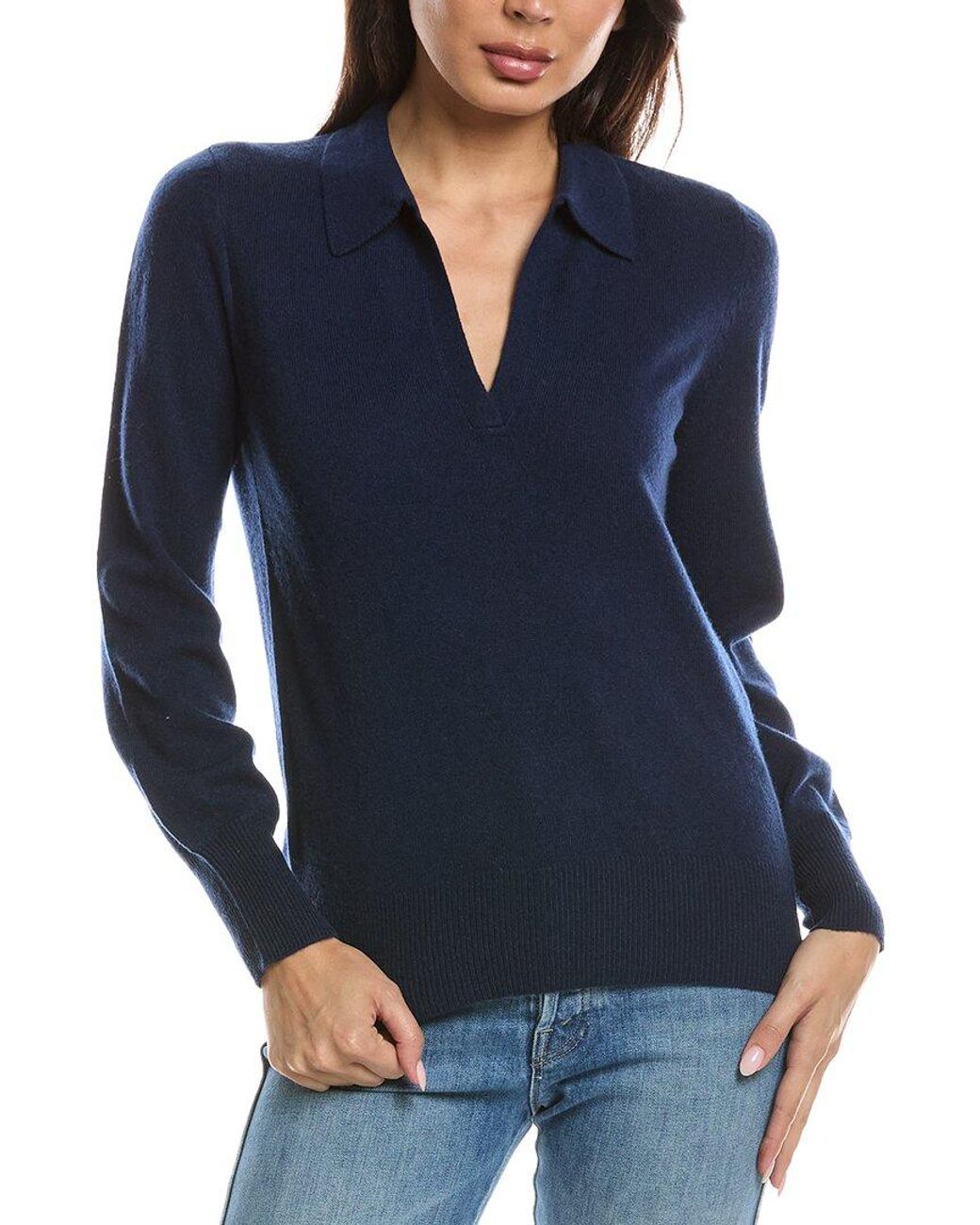 Forte Blue Split Neck 100% Cashmere Polo Sweater
