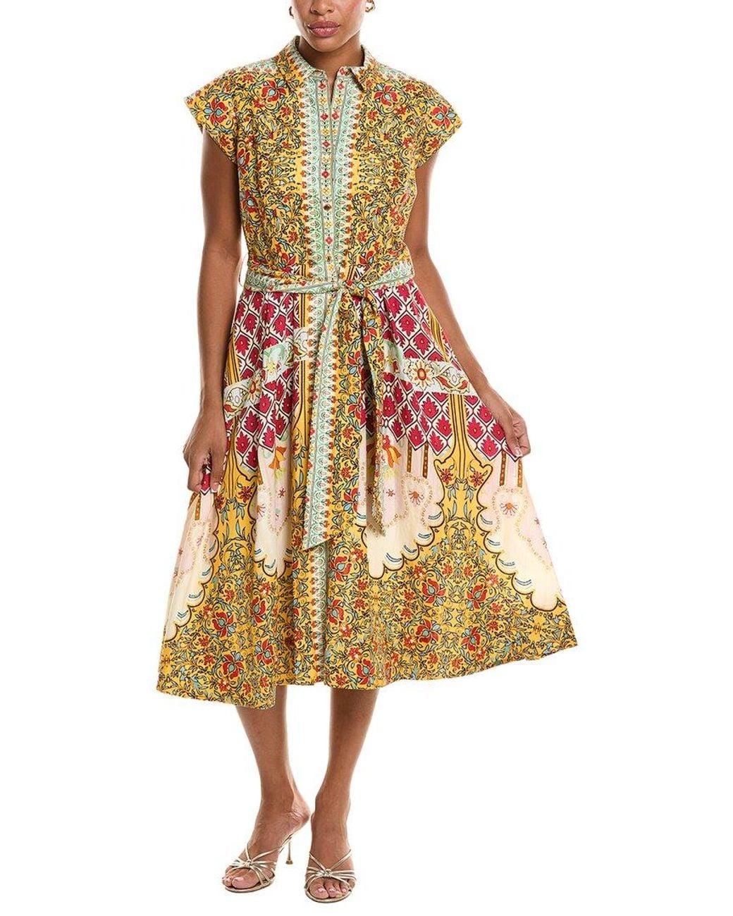 Tahari Brown The Fran Baroque Linen-Blend Print Dress