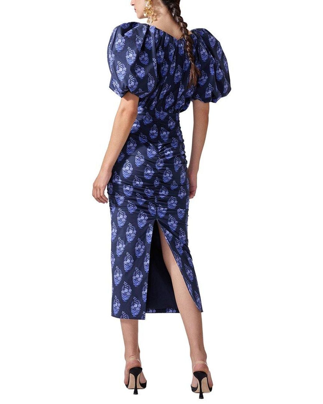 Carolina Herrera Blue Puff Sleeve Gathered Midi Dress