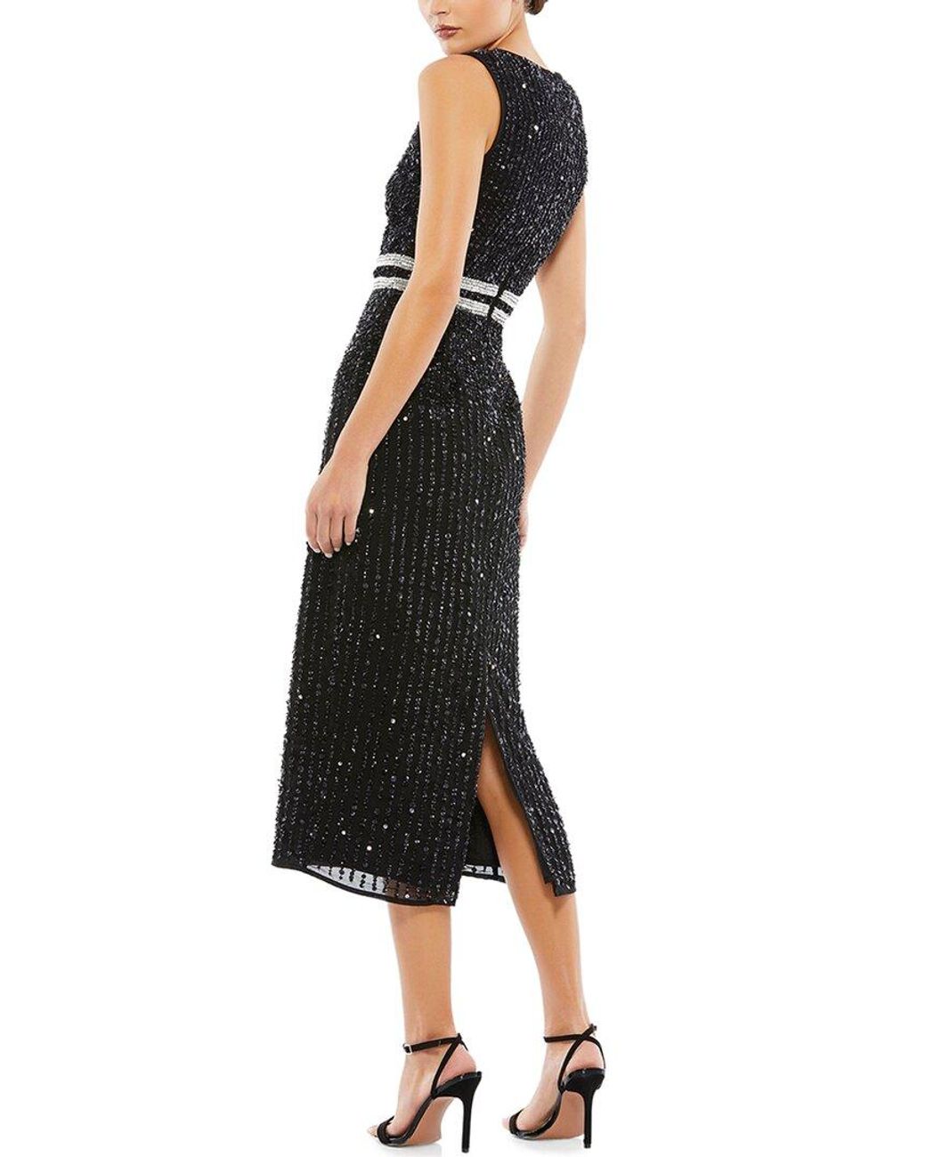 Mac Duggal Black Sleeveless High Neck Beaded Midi Sheath Dress
