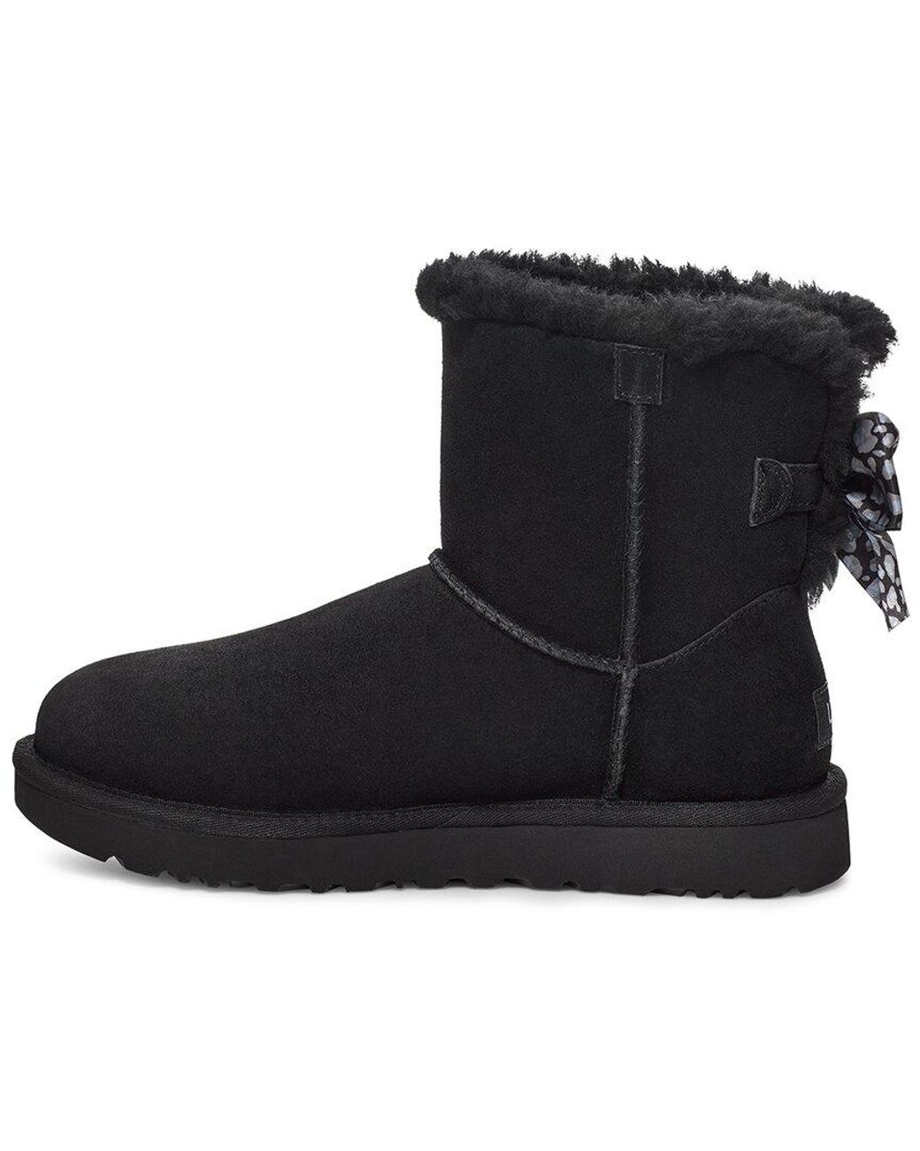UGG Mini Bailey Bow Leopard Suede & Leather Classic Boot in Black | Lyst