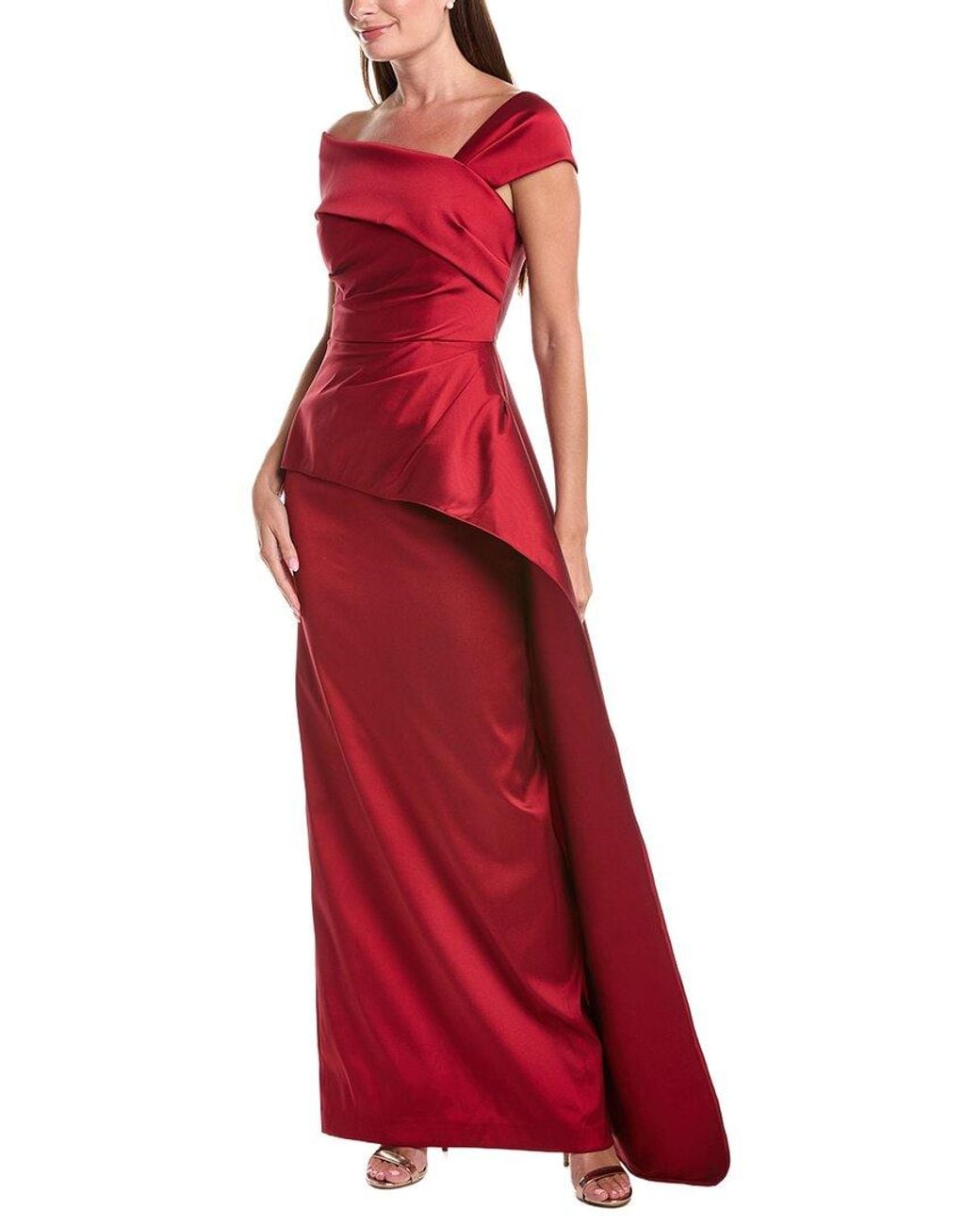 Teri Jon Red Stretch Gazar Asymmetrical Neck Ruched Peplum Gown