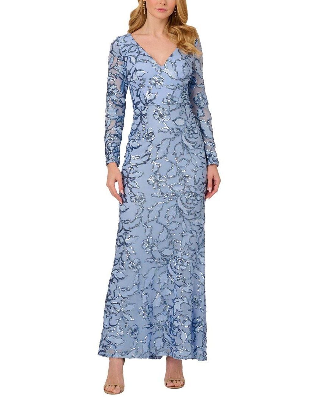 Adrianna Papell Blue Long Sleeves Embellished Maxi Dress