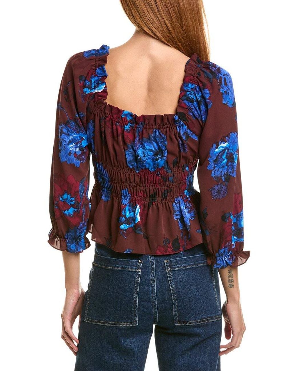 Laundry by Shelli Segal Blue Floral Ruffle Neckline Smocked Peplum Blouse