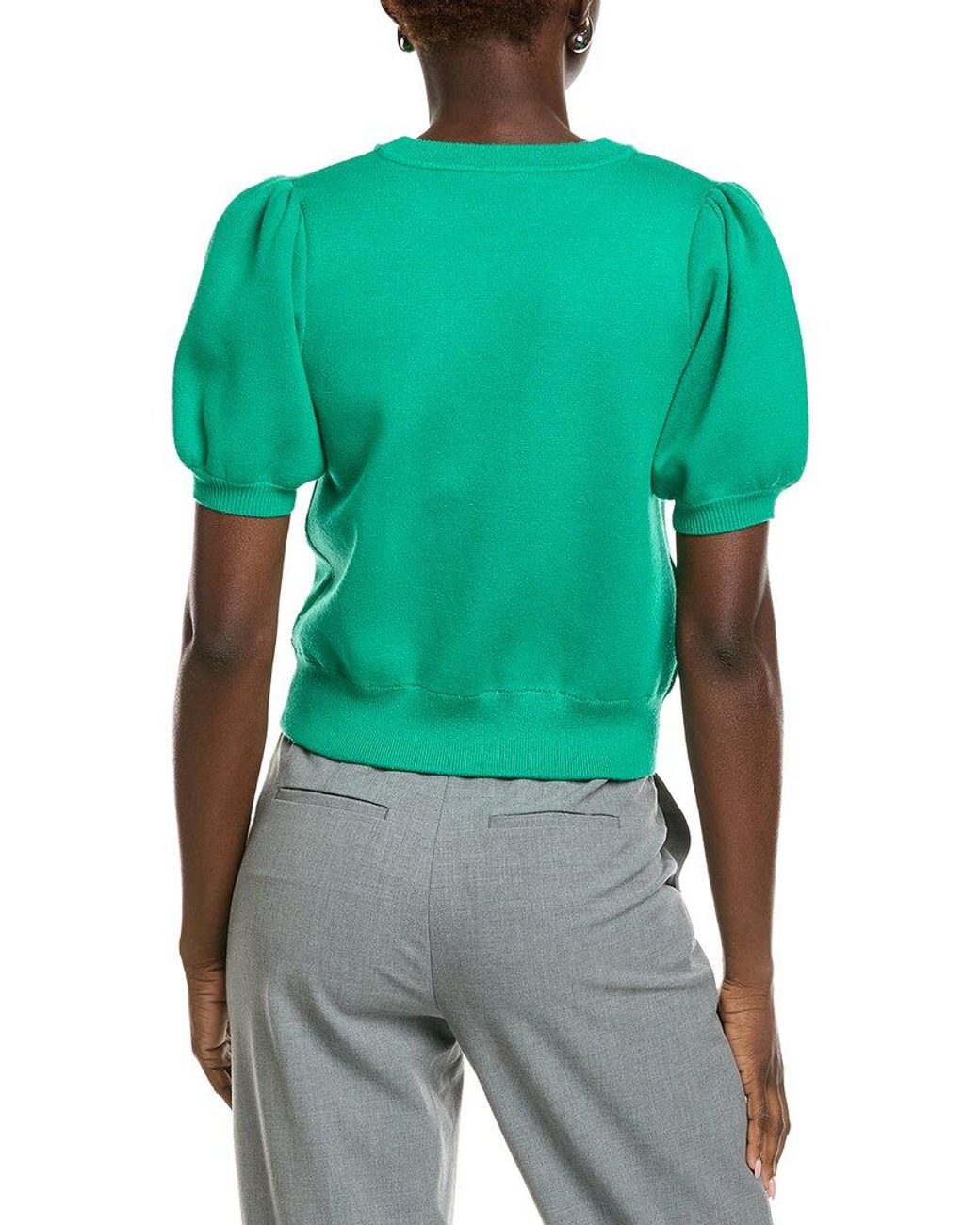 English Factory Green Stitch Detail Puff Sleeve Knit Top