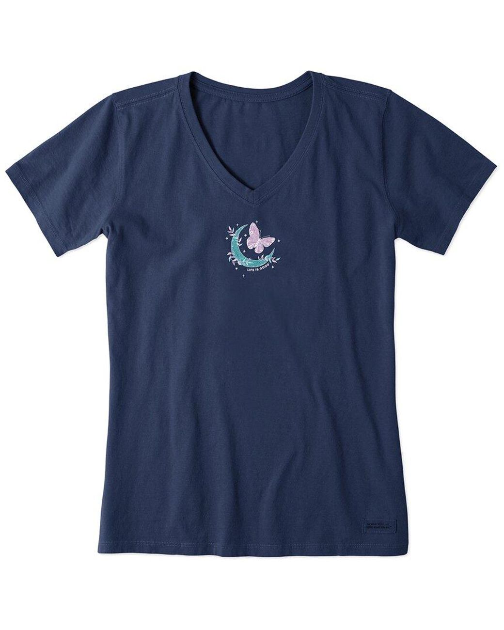 Life Is Good. Blue Garment-Washed Cotton V-Neck T-Shirt