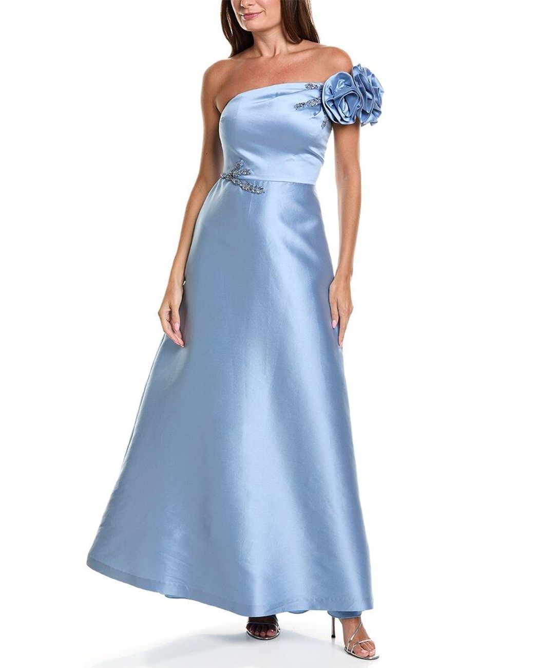 Teri Jon Blue Mikado Flower One-Shoulder Bead Applique Gown