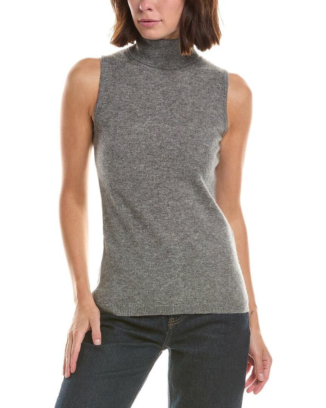 Forte Gray Basic Sleeveless Turtleneck 100% Cashmere Sweater