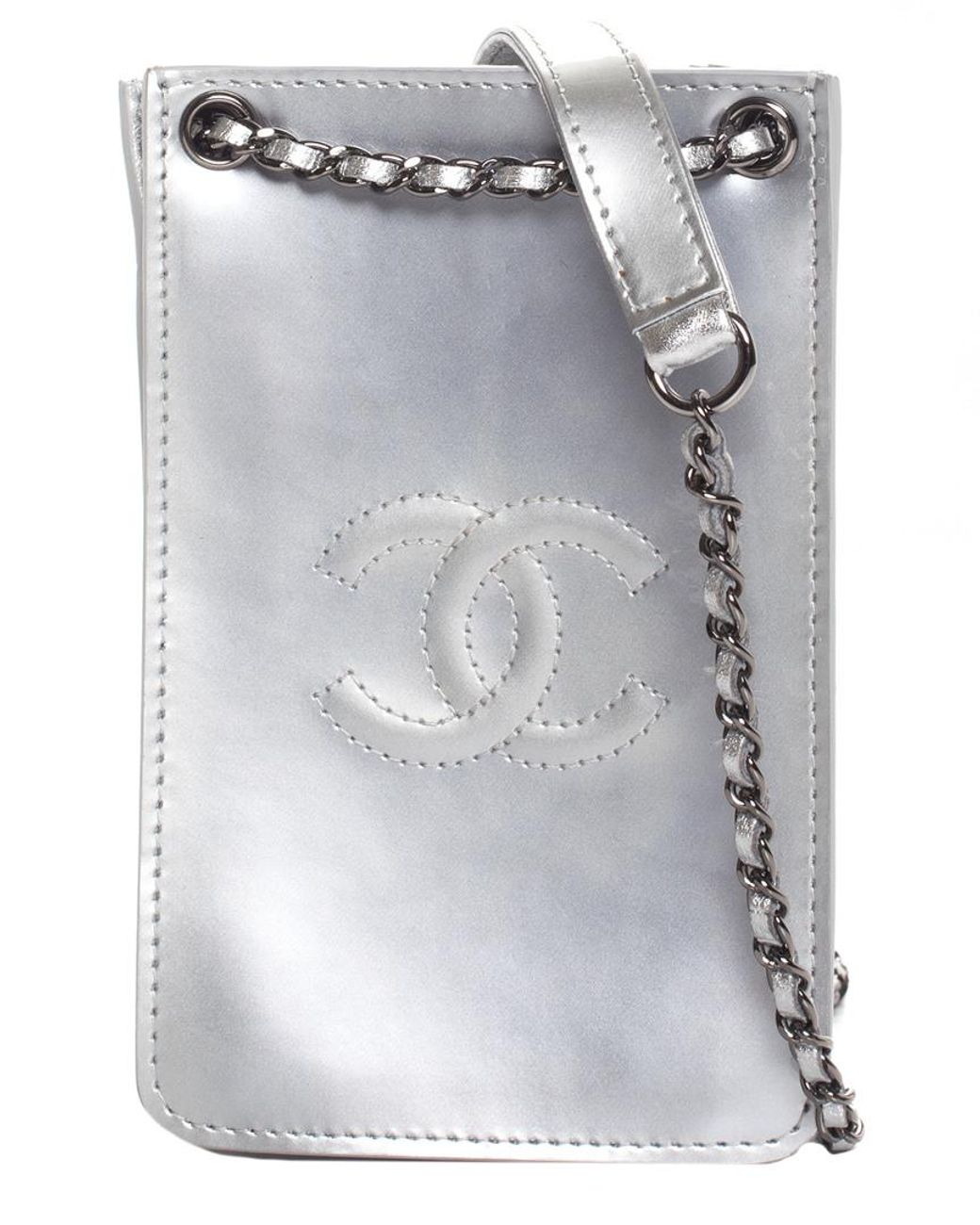 Chanel Silver Metallic Leather Cc Chain Strap Phone Case | Lyst