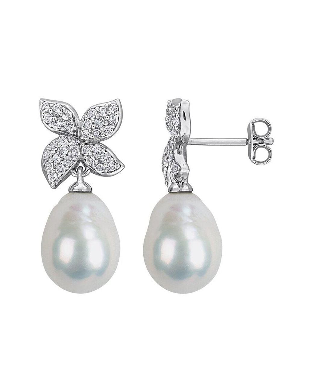 Rina Limor White 0.64 Ct. Tw. Topaz & 9.0-10.0 Mm Pearl Drop Earrings
