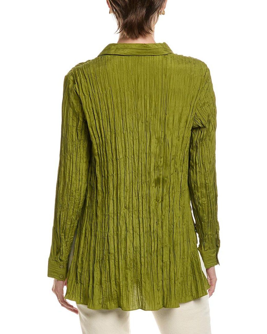 Eileen Fisher Green Petite Classic Silk Pleat Shirt