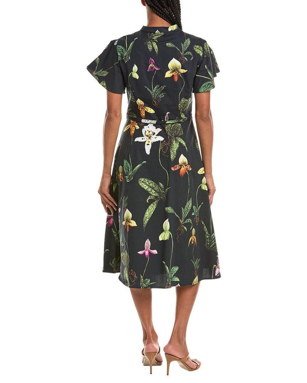 Oscar de la Renta Green Printed Orchids Midi Dress