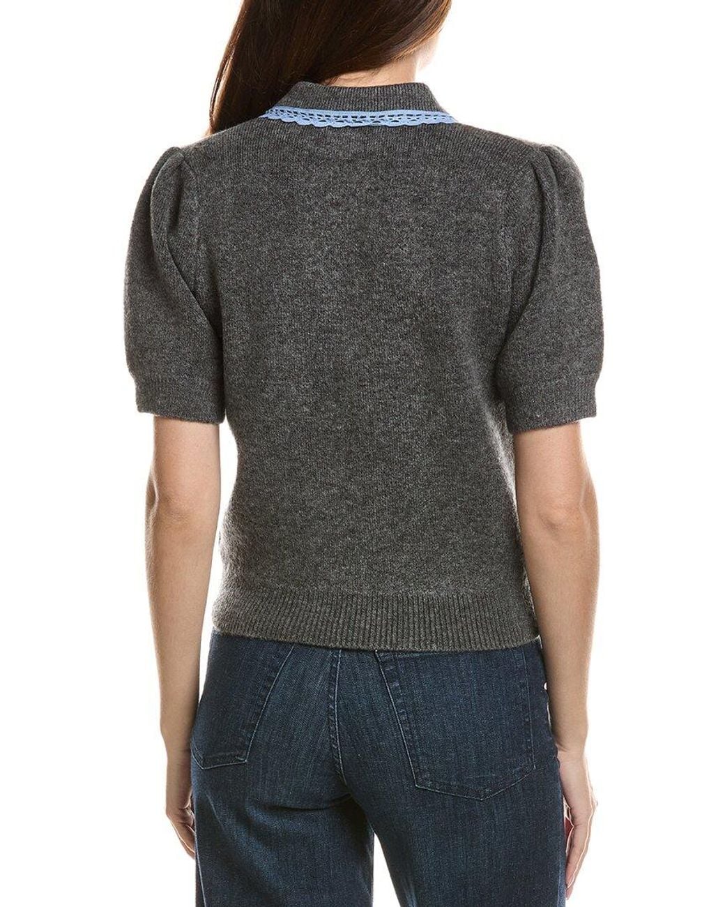 English Factory Gray Lace Trimmed Puff Sleeve Knit Cardigan