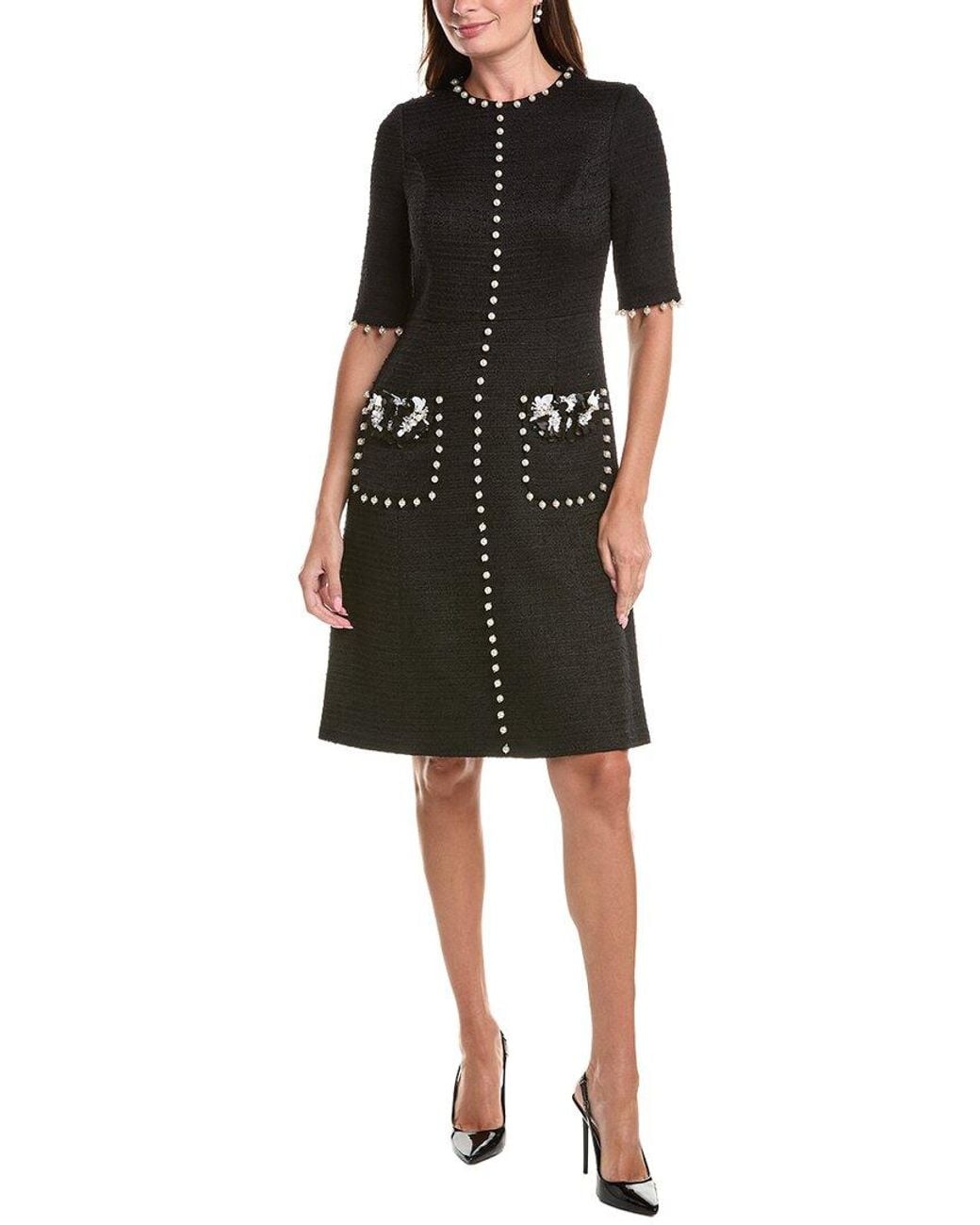 Teri Jon Black Boucle Pearl Trim Dress