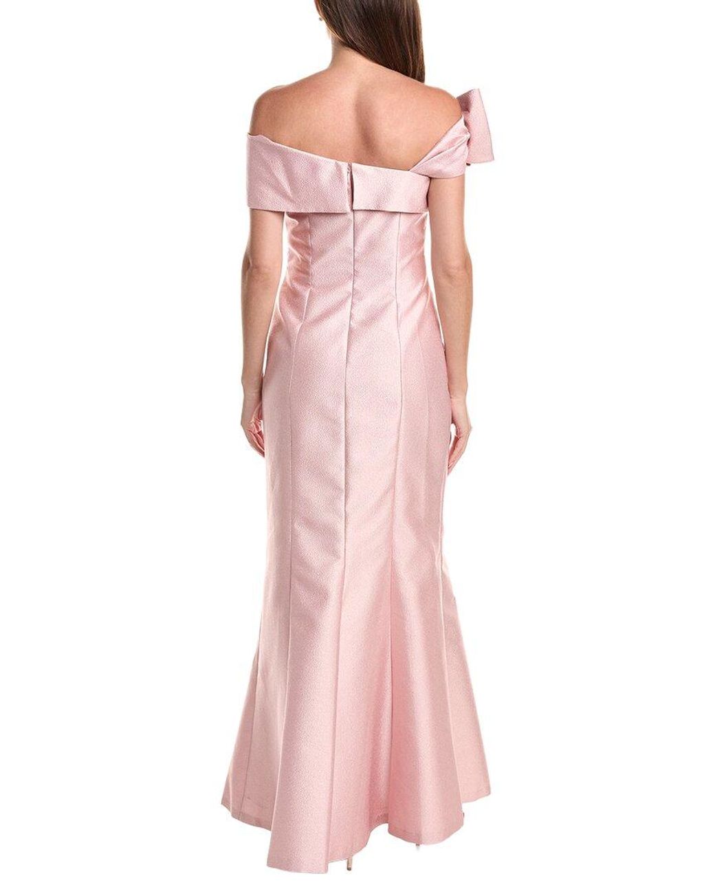 Teri Jon Pink Metallic Jacquard Asymmetrical Neck Bow Shoulder Gown